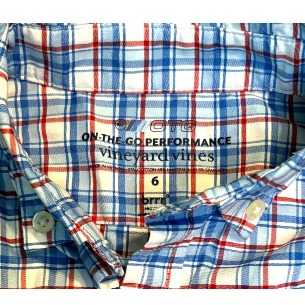 Vineyard Vines On The Go Performance Boys Button Shirt 6 Red White Blue Plaid - Picture 2 of 5